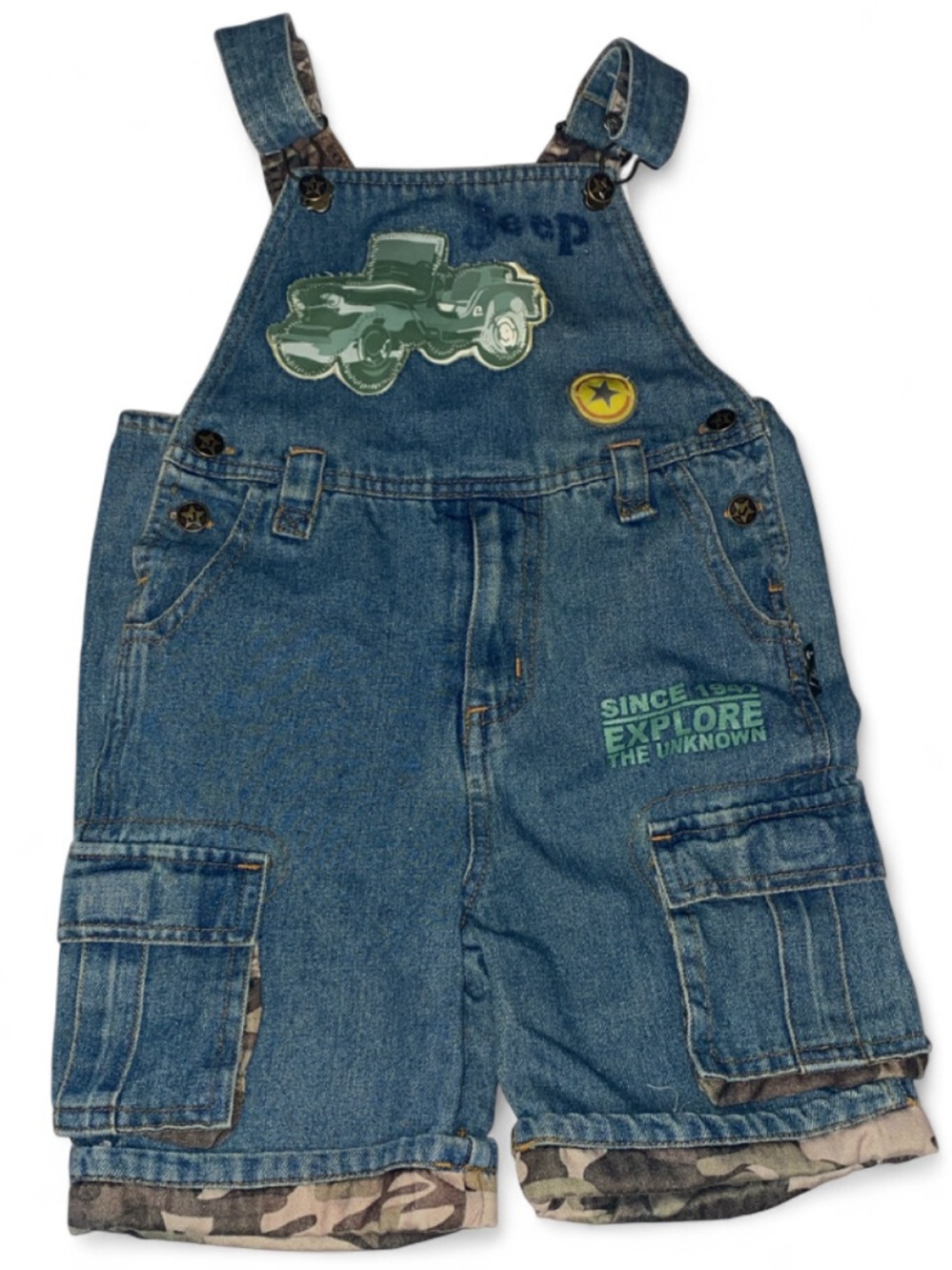 Jeep Blue Denim Shortalls with Green Truck Patch